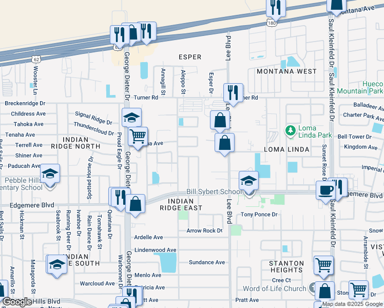 map of restaurants, bars, coffee shops, grocery stores, and more near 11433 Chickasaw Drive in El Paso