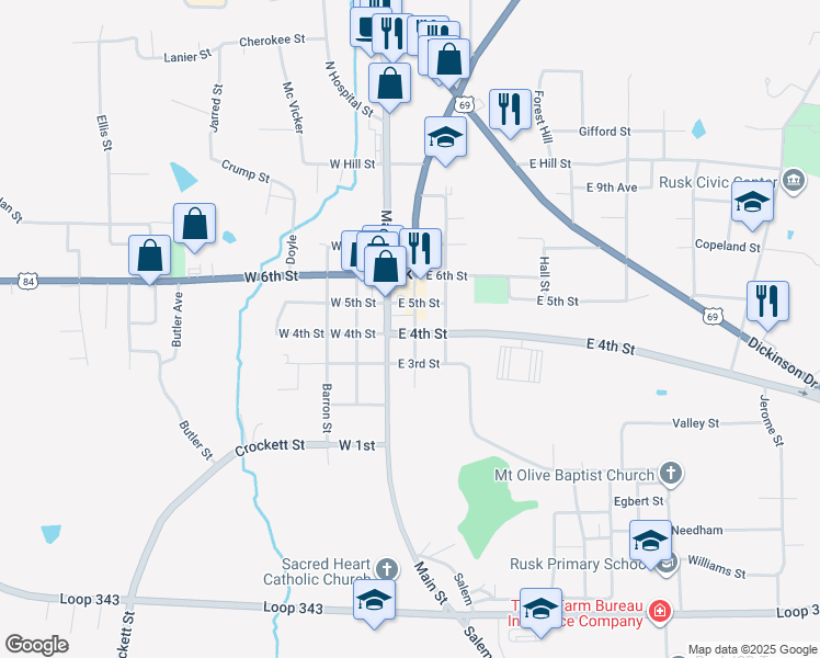 map of restaurants, bars, coffee shops, grocery stores, and more near 147 East 4th Street in Rusk