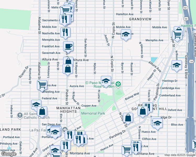 map of restaurants, bars, coffee shops, grocery stores, and more near 3208 Lebanon Avenue in El Paso