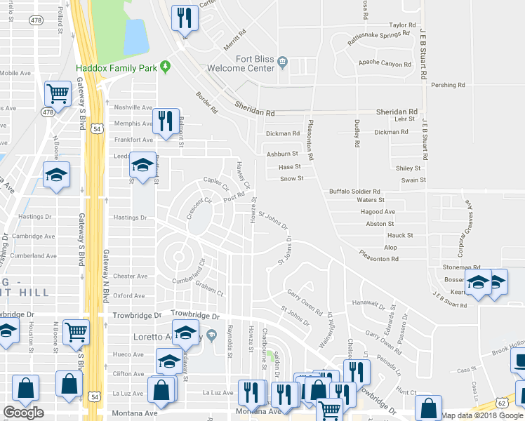 map of restaurants, bars, coffee shops, grocery stores, and more near 1952 Saint Johns Drive in El Paso