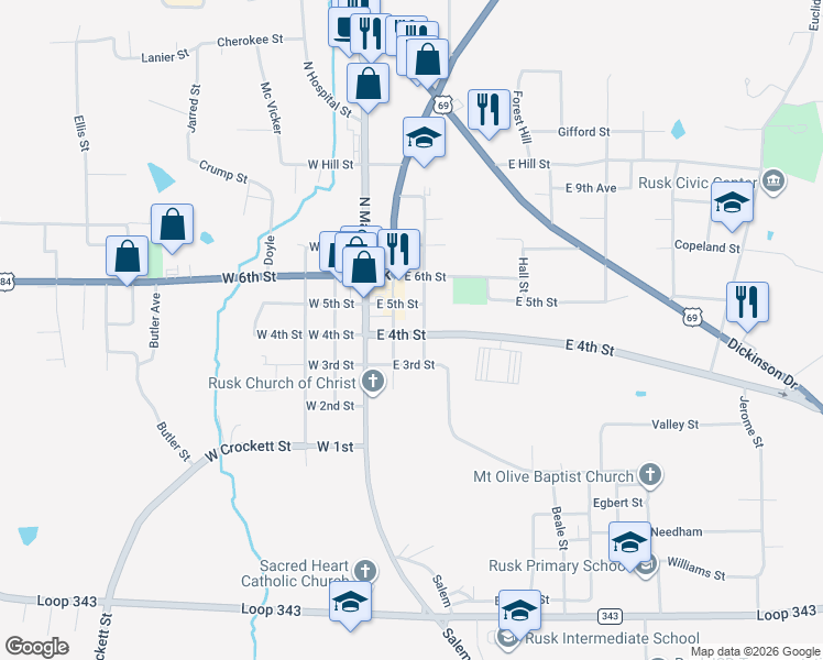 map of restaurants, bars, coffee shops, grocery stores, and more near 224 East 4th Street in Rusk
