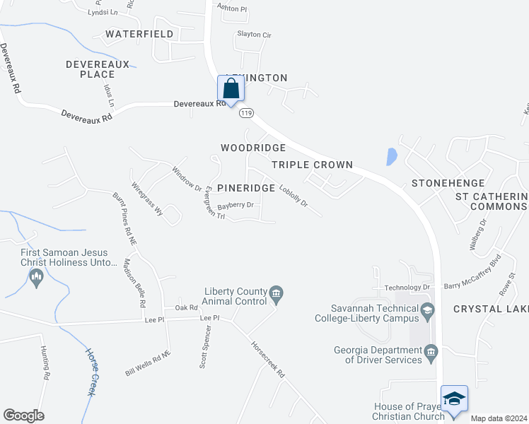 map of restaurants, bars, coffee shops, grocery stores, and more near 1364 Poplar Circle in Hinesville