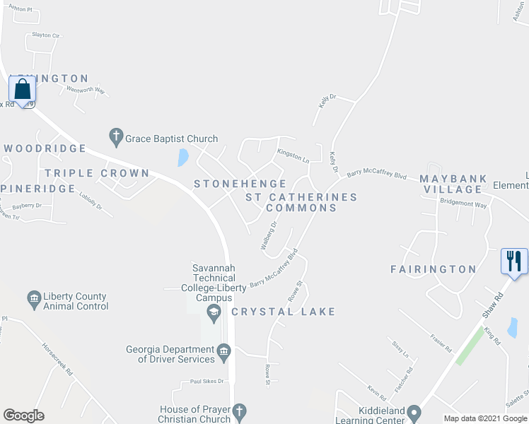 map of restaurants, bars, coffee shops, grocery stores, and more near 1936 Heathrow Drive in Hinesville