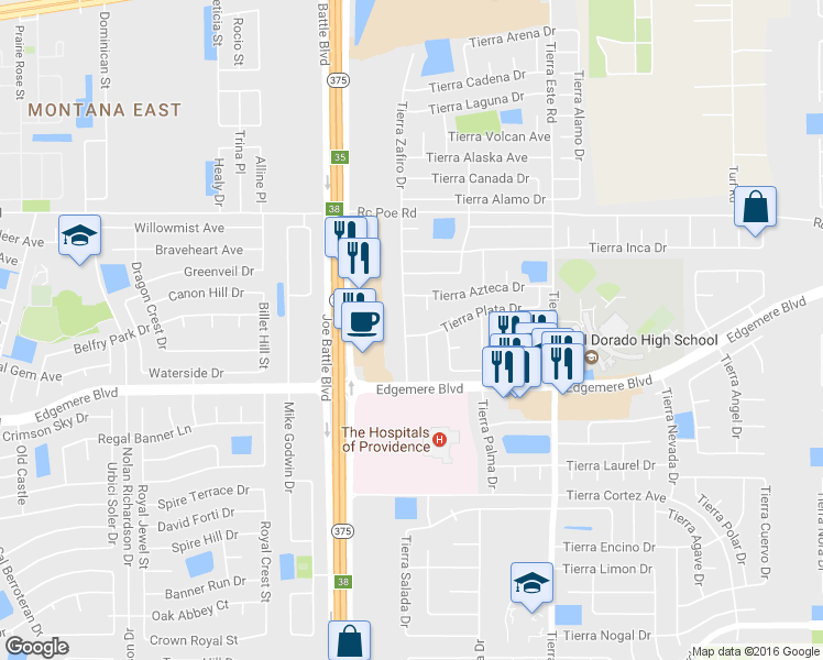 map of restaurants, bars, coffee shops, grocery stores, and more near 3444 Tierra Cromo Road in El Paso
