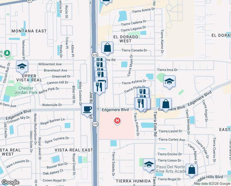 map of restaurants, bars, coffee shops, grocery stores, and more near 3444 Tierra Cromo Road in El Paso