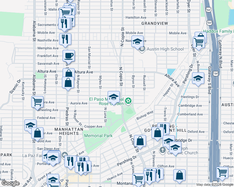 map of restaurants, bars, coffee shops, grocery stores, and more near 3243 Lebanon Avenue in El Paso