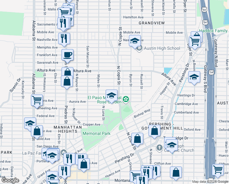 map of restaurants, bars, coffee shops, grocery stores, and more near 3243 Lebanon Avenue in El Paso