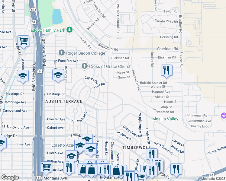 map of restaurants, bars, coffee shops, grocery stores, and more near 1952 Saint Johns Drive in El Paso