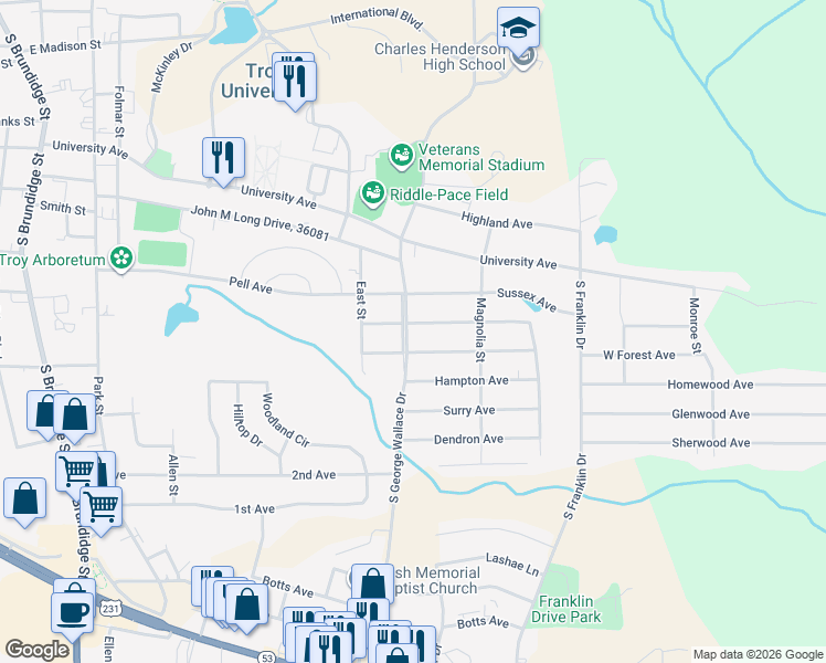 map of restaurants, bars, coffee shops, grocery stores, and more near 101 Richmond Avenue in Troy