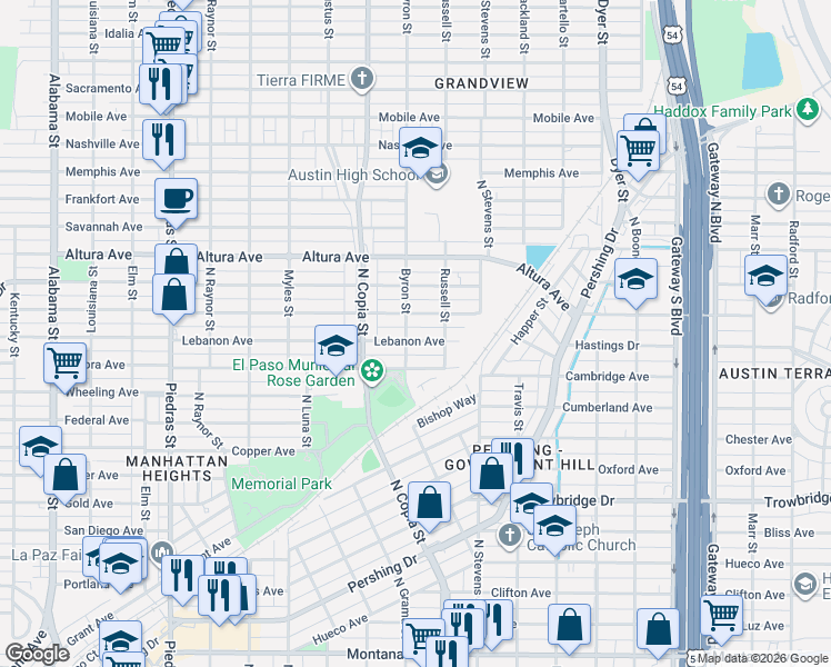 map of restaurants, bars, coffee shops, grocery stores, and more near 3503 Lebanon Avenue in El Paso