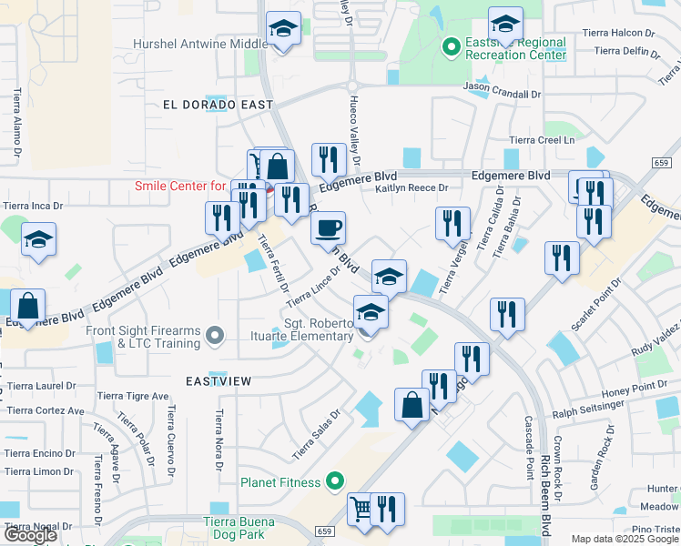 map of restaurants, bars, coffee shops, grocery stores, and more near 12852 Tierra Lince Drive in El Paso