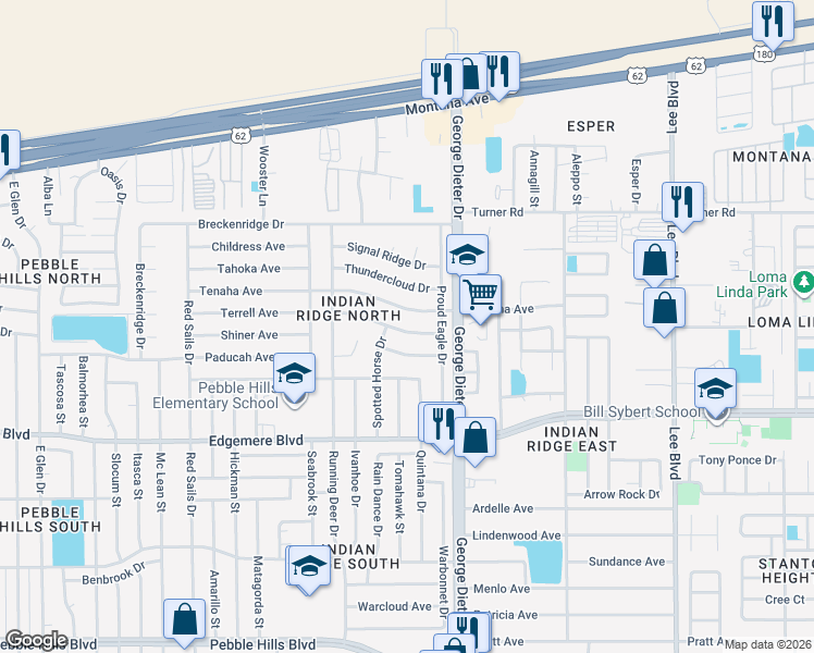 map of restaurants, bars, coffee shops, grocery stores, and more near 11240 War Feather Drive in El Paso