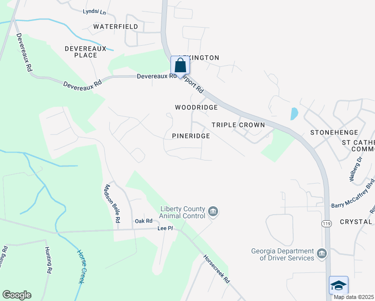 map of restaurants, bars, coffee shops, grocery stores, and more near 1424 Evergreen Trail in Hinesville