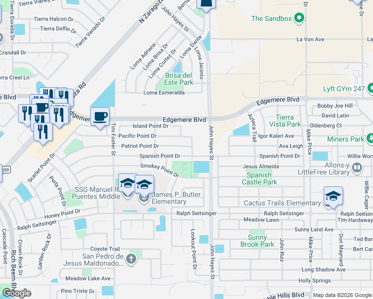 map of restaurants, bars, coffee shops, grocery stores, and more near 14355 Spanish Point Drive in El Paso