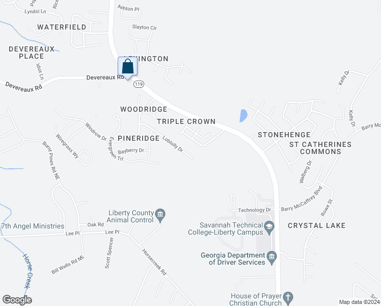 map of restaurants, bars, coffee shops, grocery stores, and more near 1340 Loblolly Drive in Hinesville