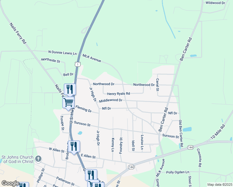 map of restaurants, bars, coffee shops, grocery stores, and more near 104 Henry Ryals Road in Baxley