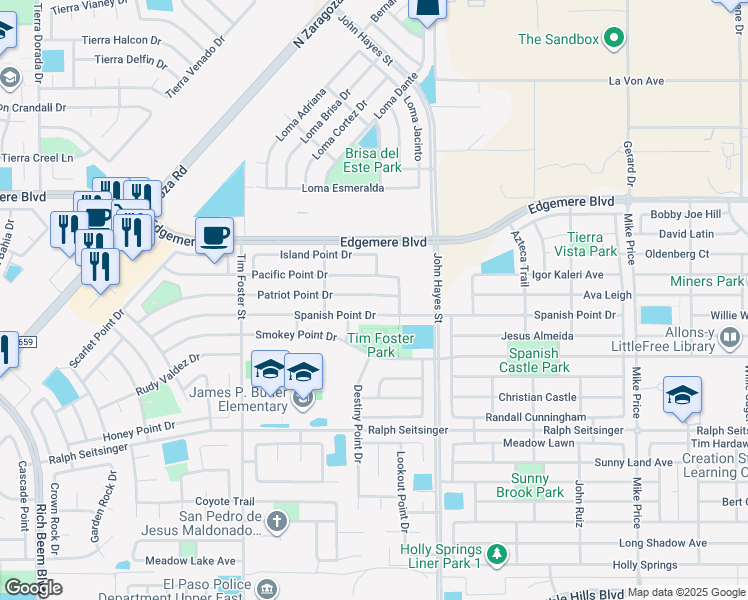 map of restaurants, bars, coffee shops, grocery stores, and more near 14354 Patriot Point Drive in El Paso