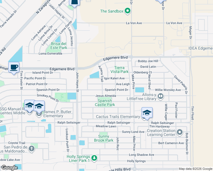 map of restaurants, bars, coffee shops, grocery stores, and more near 14629 Spanish Point Drive in El Paso