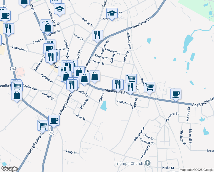 map of restaurants, bars, coffee shops, grocery stores, and more near 507 Shelbyville Street in Center