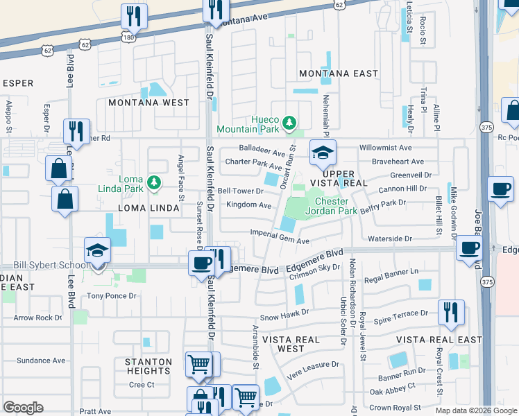 map of restaurants, bars, coffee shops, grocery stores, and more near 11768 Kingdom Avenue in El Paso