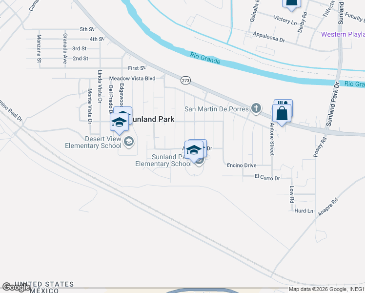 map of restaurants, bars, coffee shops, grocery stores, and more near 115 Mesa Verde Drive in Sunland Park