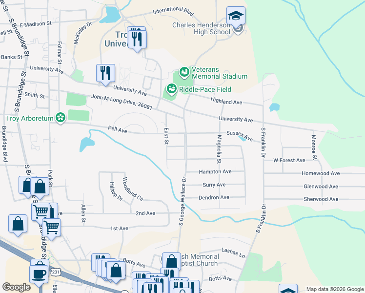 map of restaurants, bars, coffee shops, grocery stores, and more near 101 Richmond Avenue in Troy