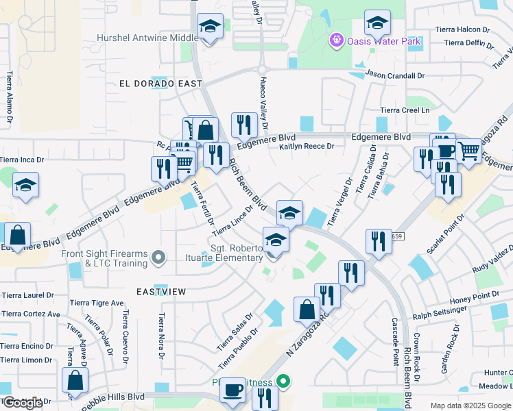 map of restaurants, bars, coffee shops, grocery stores, and more near 3329 Tierra Sara Lane in El Paso