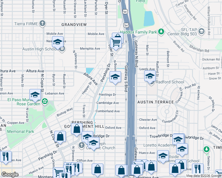 map of restaurants, bars, coffee shops, grocery stores, and more near 4009 Hastings Drive in El Paso
