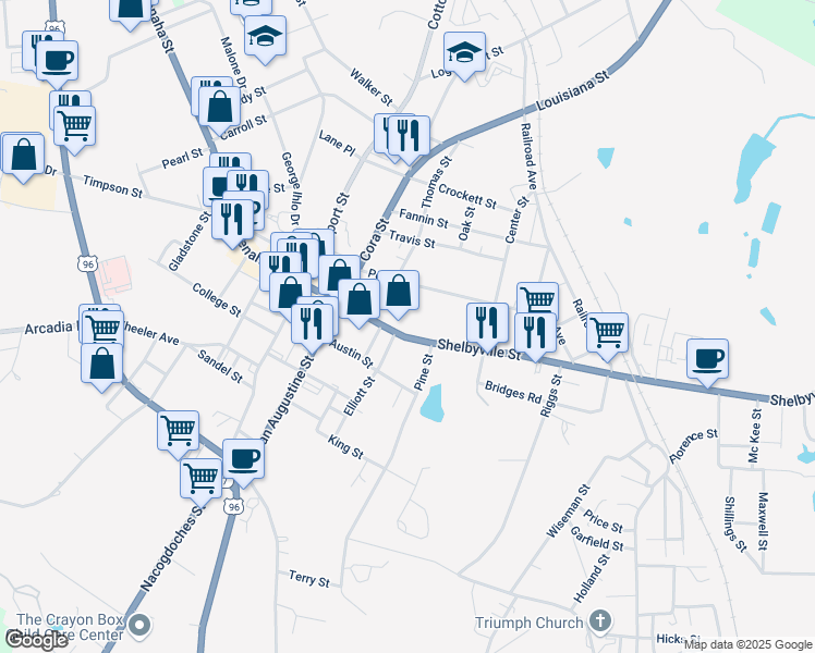 map of restaurants, bars, coffee shops, grocery stores, and more near 408 Shelbyville Street in Center