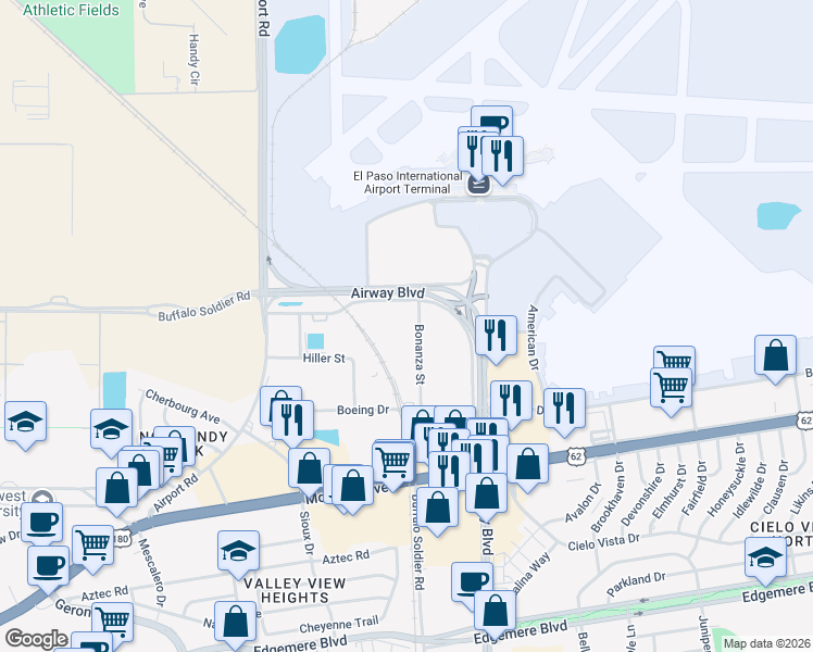 map of restaurants, bars, coffee shops, grocery stores, and more near 6531 Boeing Drive in El Paso