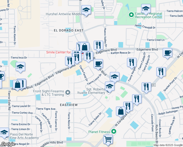 map of restaurants, bars, coffee shops, grocery stores, and more near 3505 Tierra Amanda Lane in El Paso