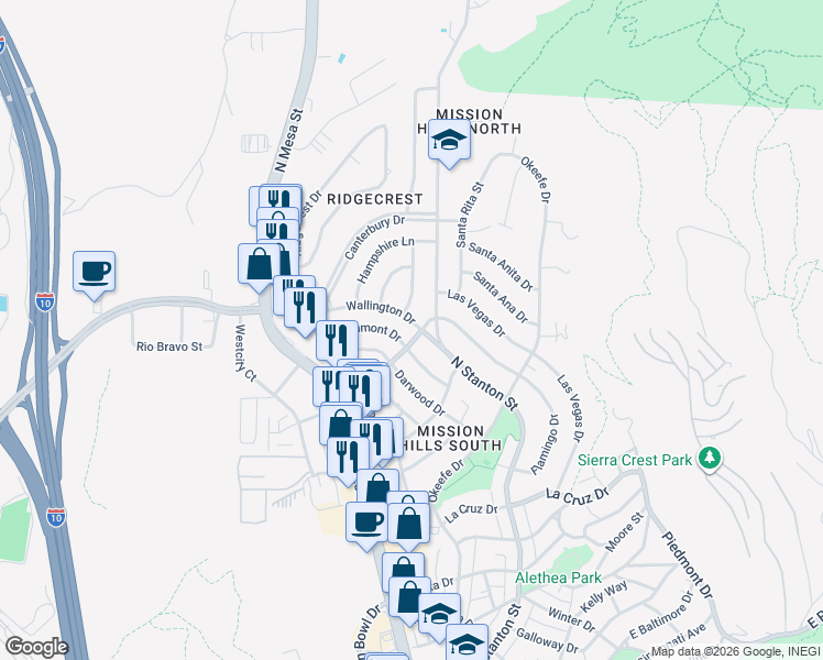 map of restaurants, bars, coffee shops, grocery stores, and more near 4201 Larchmont Drive in El Paso