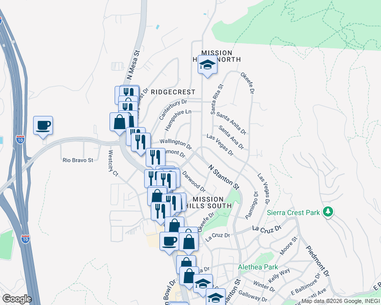 map of restaurants, bars, coffee shops, grocery stores, and more near 4201 Larchmont Drive in El Paso