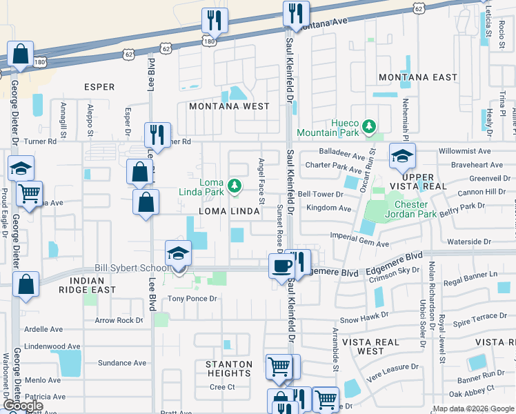 map of restaurants, bars, coffee shops, grocery stores, and more near 3457 Angel Face Street in El Paso