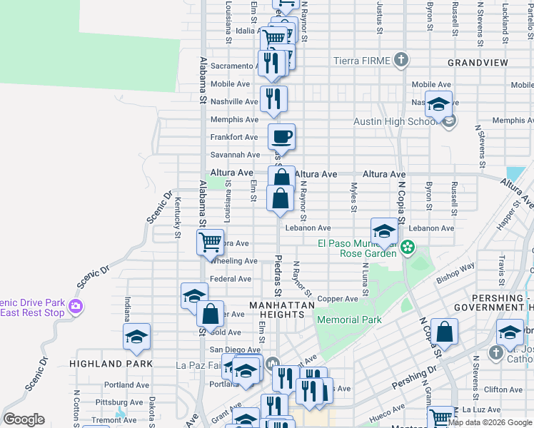 map of restaurants, bars, coffee shops, grocery stores, and more near 2806 Lebanon Avenue in El Paso