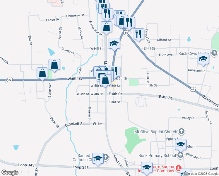 map of restaurants, bars, coffee shops, grocery stores, and more near 147 East 4th Street in Rusk