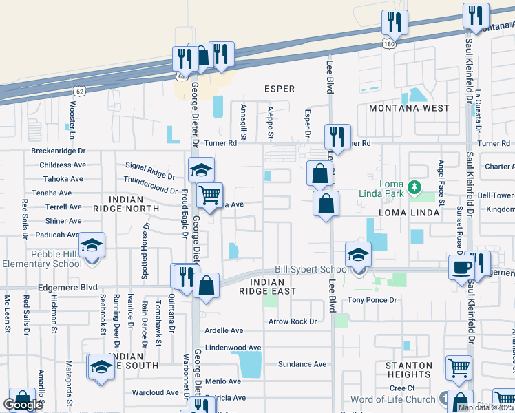 map of restaurants, bars, coffee shops, grocery stores, and more near 3550 Broken Arrow Drive in El Paso