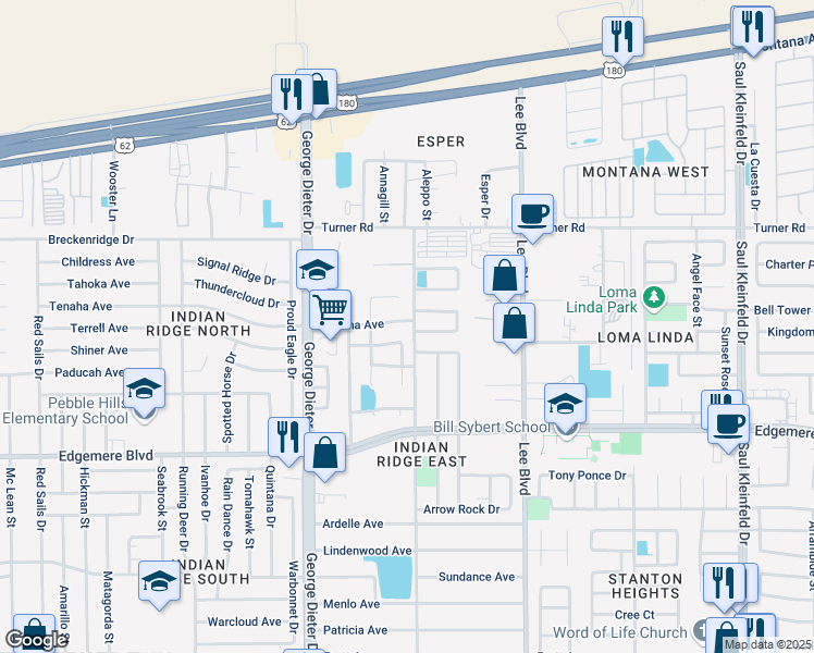 map of restaurants, bars, coffee shops, grocery stores, and more near 3550 Broken Arrow Drive in El Paso