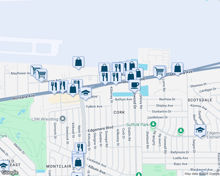 map of restaurants, bars, coffee shops, grocery stores, and more near 9915 Montana Avenue in El Paso