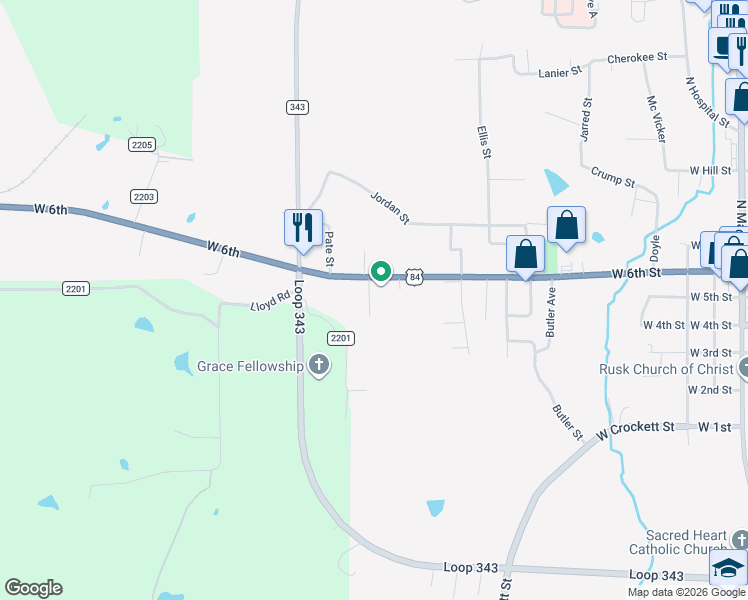 map of restaurants, bars, coffee shops, grocery stores, and more near 1130 Palestine Highway in Rusk