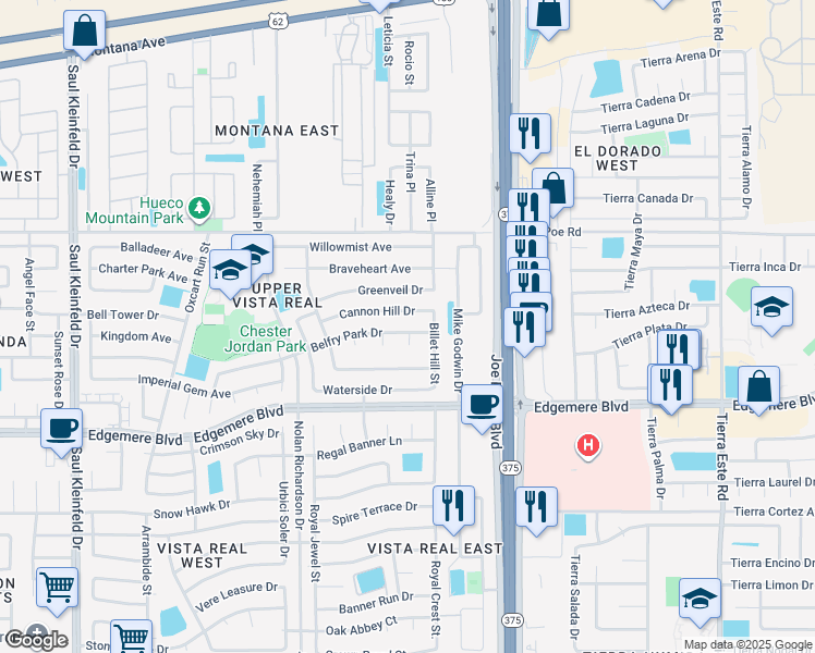 map of restaurants, bars, coffee shops, grocery stores, and more near 12029 Belfry Park Drive in El Paso