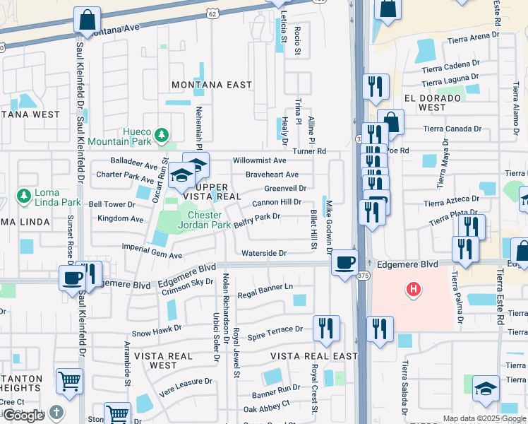 map of restaurants, bars, coffee shops, grocery stores, and more near 11977 Belfry Park Drive in El Paso