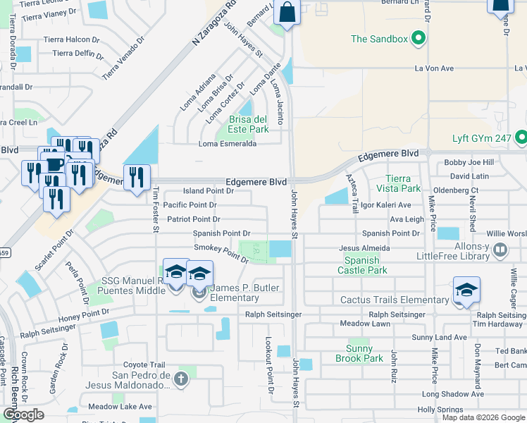 map of restaurants, bars, coffee shops, grocery stores, and more near 3274 Maple Point Drive in El Paso