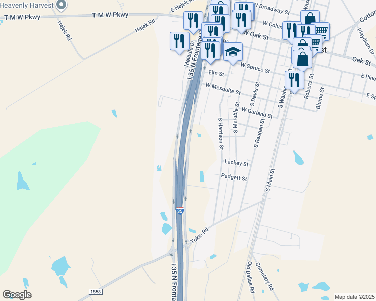 map of restaurants, bars, coffee shops, grocery stores, and more near North Interstate 35 Frontage Road in West