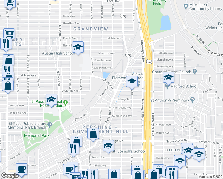 map of restaurants, bars, coffee shops, grocery stores, and more near 3809 Altura Avenue in El Paso