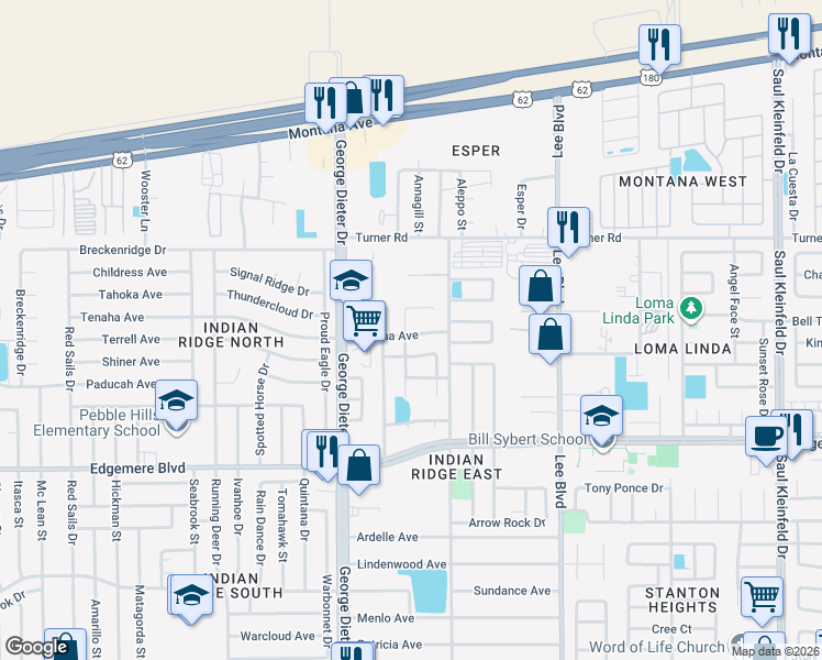 map of restaurants, bars, coffee shops, grocery stores, and more near 3500 Broken Arrow Drive in El Paso