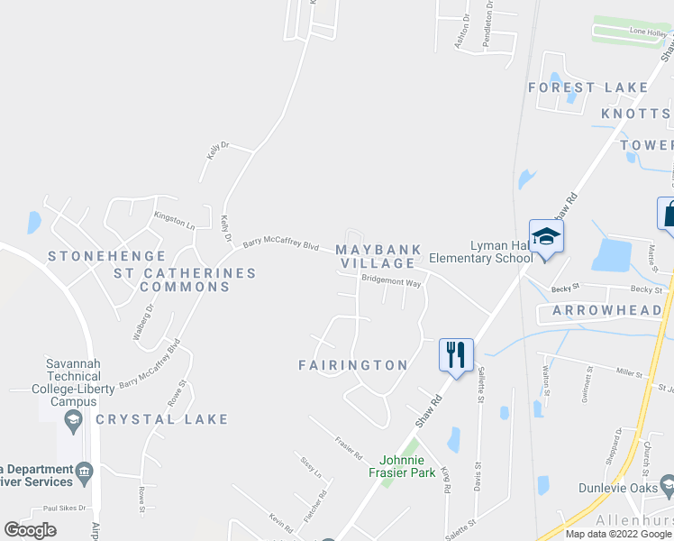 map of restaurants, bars, coffee shops, grocery stores, and more near 101 Bridgemont Way in Hinesville