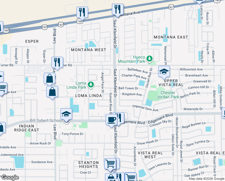 map of restaurants, bars, coffee shops, grocery stores, and more near 3496 Sunset Rose Drive in El Paso