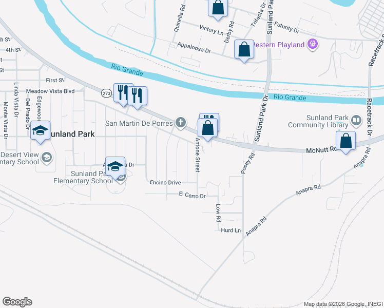 map of restaurants, bars, coffee shops, grocery stores, and more near 100-110 Palma Dr in Sunland Park