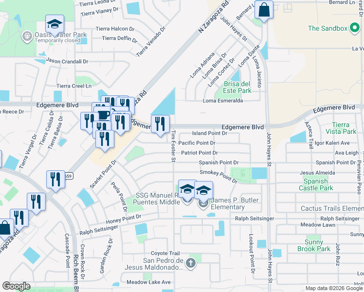 map of restaurants, bars, coffee shops, grocery stores, and more near 14265 Pacific Point Drive in El Paso